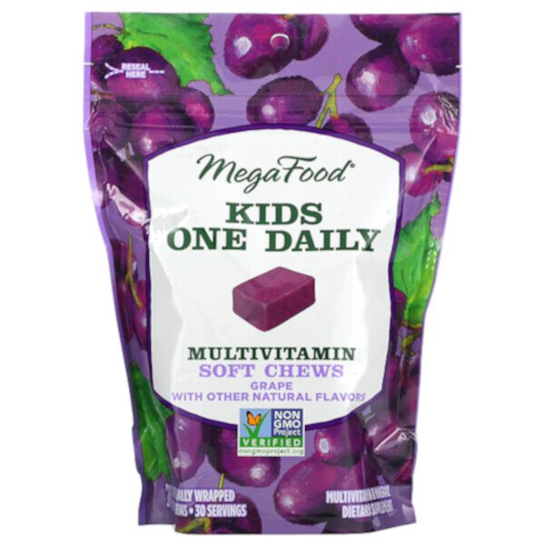 Kids One Daily, Мягкие жевательные конфеты с мультивитаминами, виноград, 30 мягких жевательных таблеток в индивидуальной упаковке MegaFood