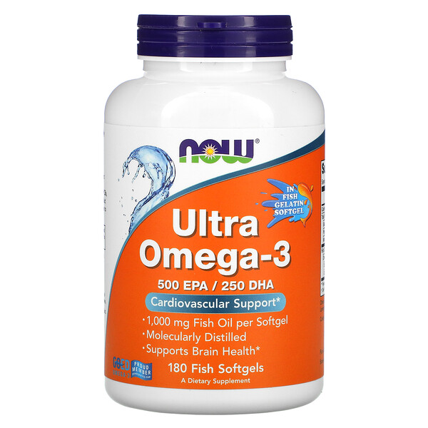 Ultra Omega-3, 500 EPA / 250 DHA, 180 рыбьих мягких капсул NOW Foods