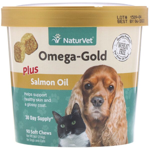 Omega-Gold, Плюс лососевый жир, для собак и кошек, 90 мягких жевательных таблеток, 9 унций (256 г) NaturVet