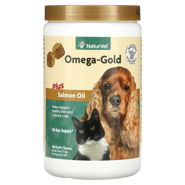 Omega-Gold Plus Salmon Oil, для собак и кошек, 180 мягких жевательных таблеток, 18 унций (513 г) NaturVet