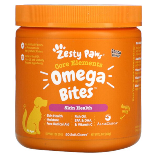 Omega Bites for Dogs, Skin & Coat, для всех возрастов, со вкусом бекона, 90 мягких жевательных таблеток Zesty Paws