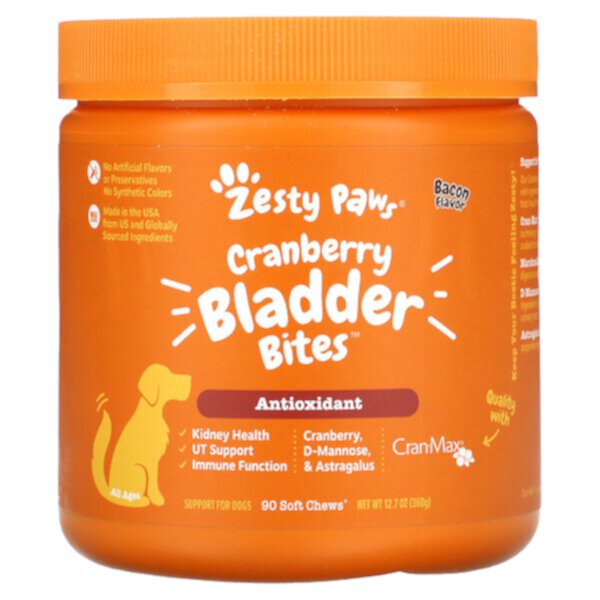 Cranberry Bladder Bites for Dogs, Антиоксидант, для всех возрастов, со вкусом бекона, 90 мягких жевательных таблеток Zesty Paws