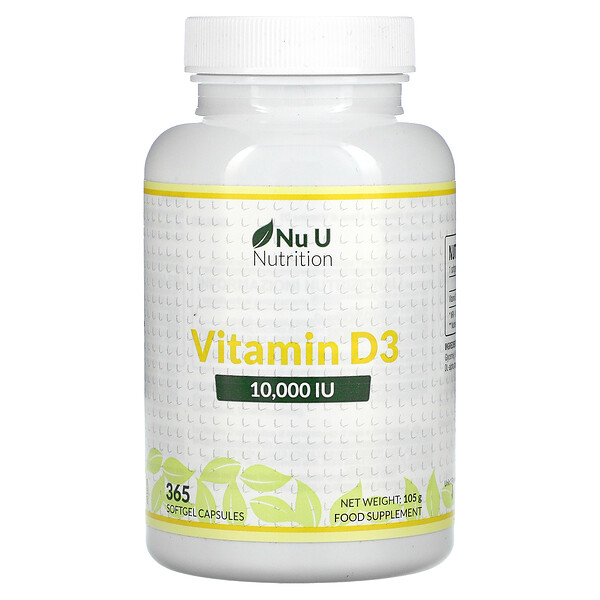 Витамин D3, 10 000 МЕ, 365 мягких желатиновых капсул Nu U Nutrition