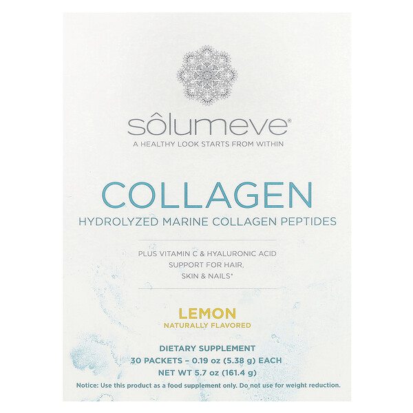Морской Коллаген Пептиды Плюс Витамин С и Гиалуроновая Кислота, Лимон - 30 пакетиков по 5,15 г - Solumeve Solumeve