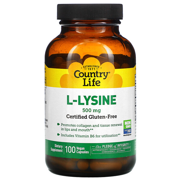 L-лизин, 500 мг, 100 веганских капсул Country Life