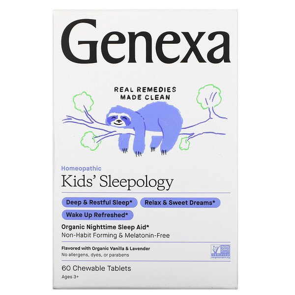 Kids' Sleepology, Органическое средство для сна в ночное время, от 3 лет, ваниль и лаванда, 60 жевательных таблеток Genexa