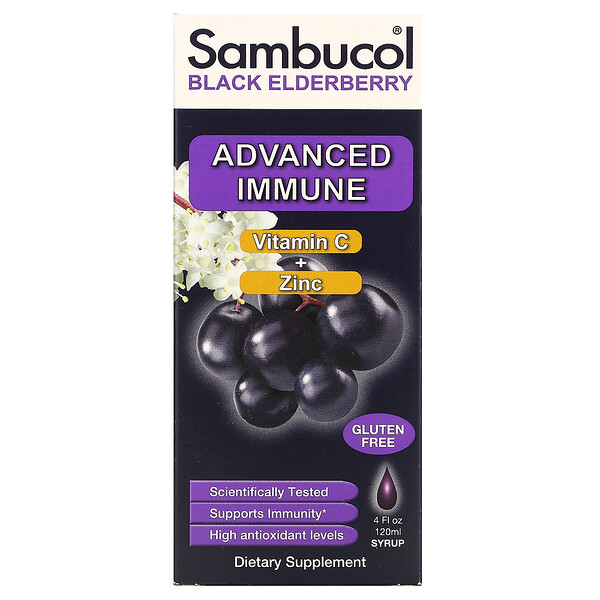 Сироп из черной бузины, улучшенный иммунитет, витамин С + цинк, натуральные ягоды, 4 жидких унции (120 мл) Sambucol