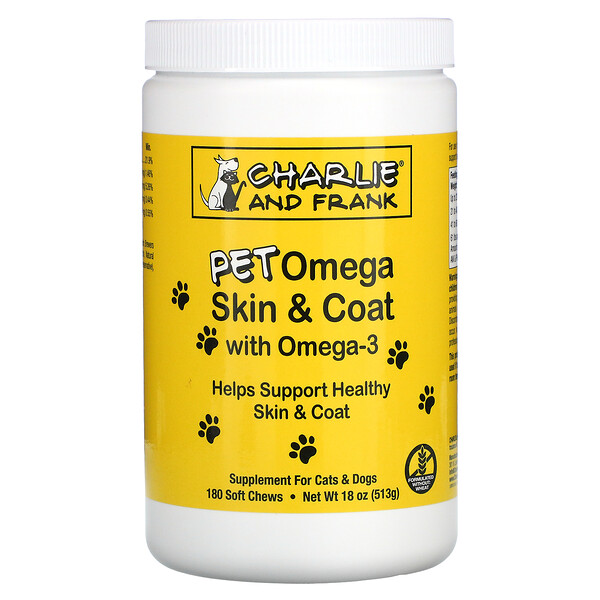 Pet Omega Skin & Coat with Omega-3, для кошек и собак, 180 мягких жевательных таблеток Charlie & Frank