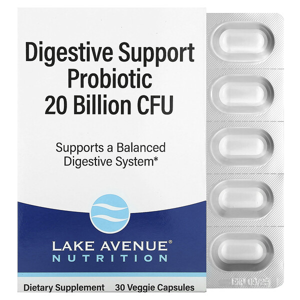 Digestive Support Probiotic, Probiotic & Prebiotic Blend, 20 Billion CFUs, 30 Veggie Capsules (Капсулы на растительной основе) Lake Avenue Nutrition