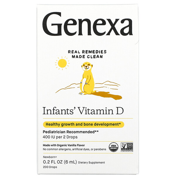 Витамин D для младенцев, Новорожденный+, органическая ваниль, 200 МЕ, 200 капель, 0,2 ж. унц. (6 мл) Genexa