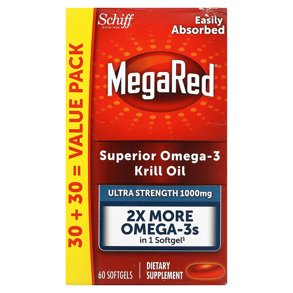 MegaRed, Превосходное масло криля с омега-3, сверхсильное действие, 1000 мг, 60 мягких таблеток Schiff