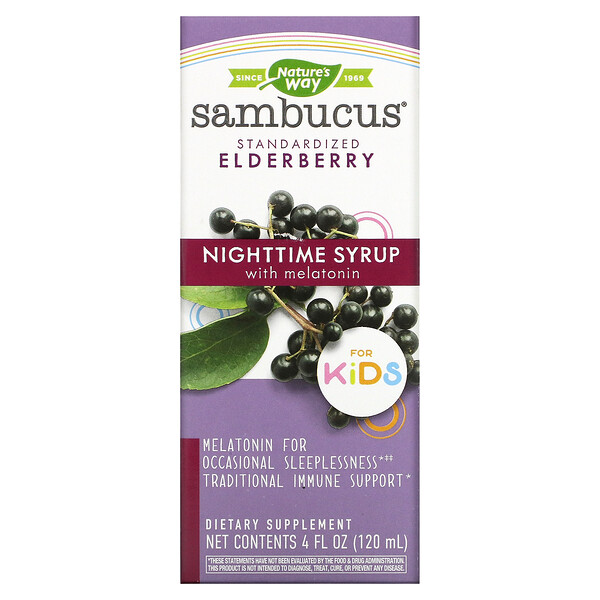 Sambucus For Kids, Стандартизированная бузина, ночной сироп с мелатонином, 4 жидких унции (120 мл) Nature's Way