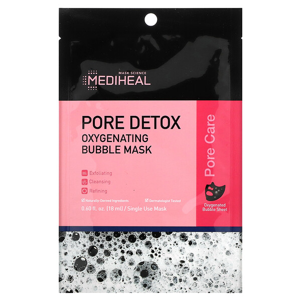 Pore Detox, Кислородная пузырьковая косметическая маска, 1 лист, 0,60 ж. унц. (18 мл) Mediheal