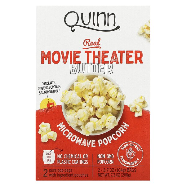 Попкорн для микроволновки, настоящее масло для кинотеатра, 2 пакета по 3,7 унции (104 г) каждый Quinn Popcorn