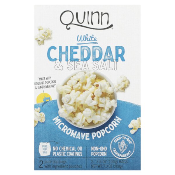 Попкорн для микроволновки, белый чеддер и морская соль, 2 пакета по 3,5 унции (100 г) каждый Quinn Popcorn