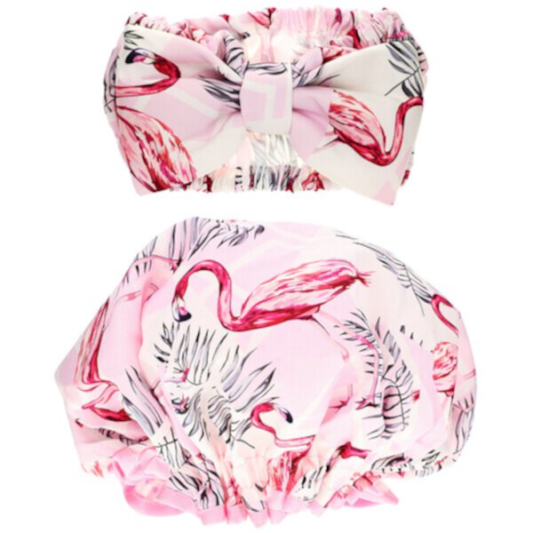 Набор косметической повязки и шапочки для душа, розовый фламинго, 1 комплект The Vintage Cosmetic Co.