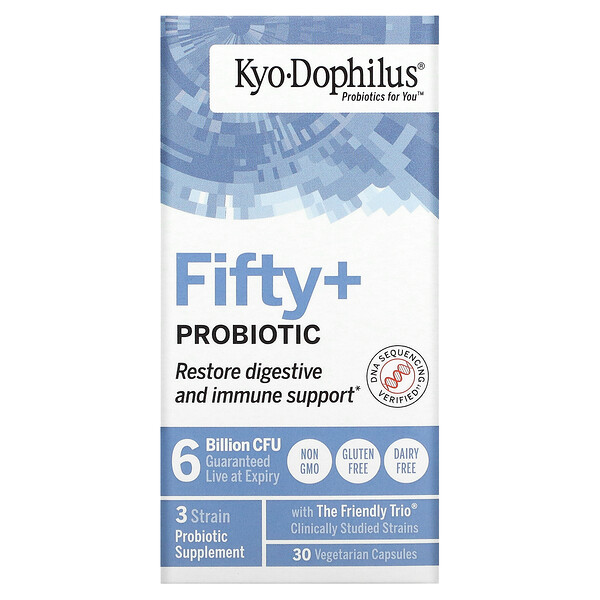 Kyo-Dophilus, Пятьдесят + пробиотик, 6 миллиардов КОЕ, 30 вегетарианских капсул Kyolic