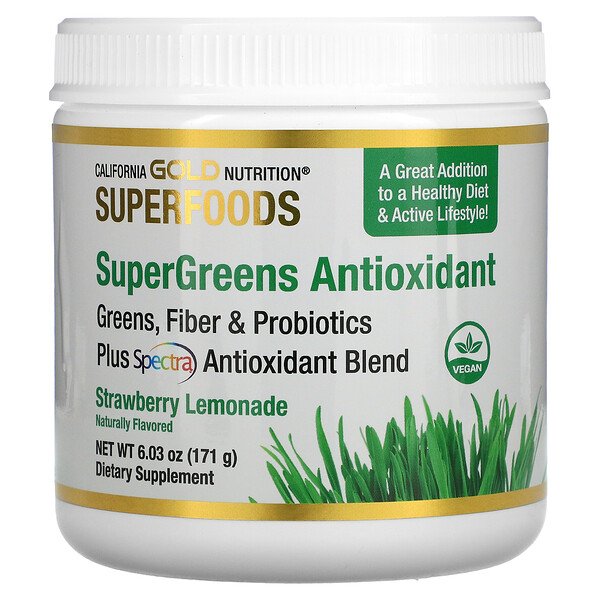 SUPERFOODS - Антиоксидант Supergreens, зелень, клетчатка и пробиотики, клубничный лимонад, 6,03 унции (171 г) California Gold Nutrition