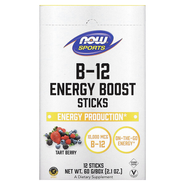 Sports, B-12 Energy Boost Sticks, Tart Berry, 10 000 мкг, 12 стиков, 2,1 унции (60 г) NOW Foods