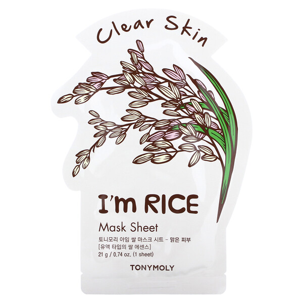 I'm Rice, Тканевая косметическая маска для чистой кожи, 1 лист, 0,74 унции (21 г) TONYMOLY