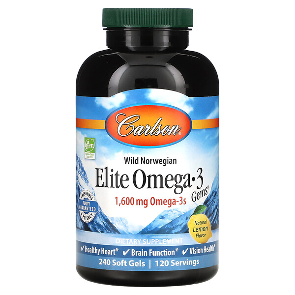 Elite Omega 3 Gems, Натуральный лимон - 1600 мг - 240 мягких капсул - Carlson Carlson