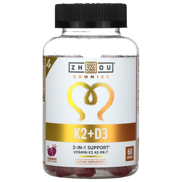 K2 + D3, Клубника, 60 жевательных конфет Zhou
