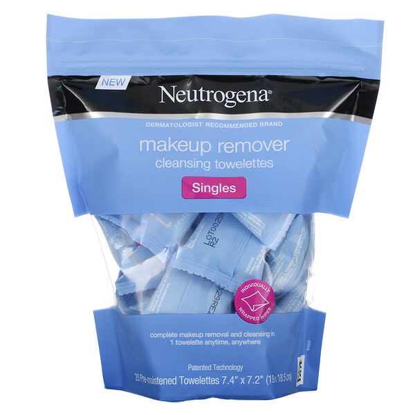  Очищающие салфетки для снятия макияжа, одинарные, 20 предварительно смоченных салфеток Neutrogena