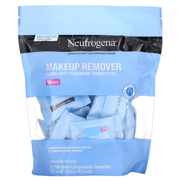  Очищающие салфетки для снятия макияжа, одинарные, 20 предварительно смоченных салфеток Neutrogena