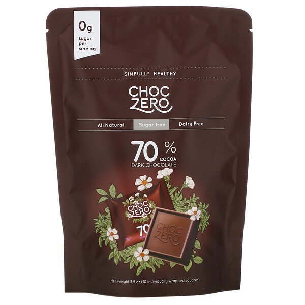 Плитки из темного шоколада 70% какао, без сахара, 10 штук, 3,5 унции ChocZero