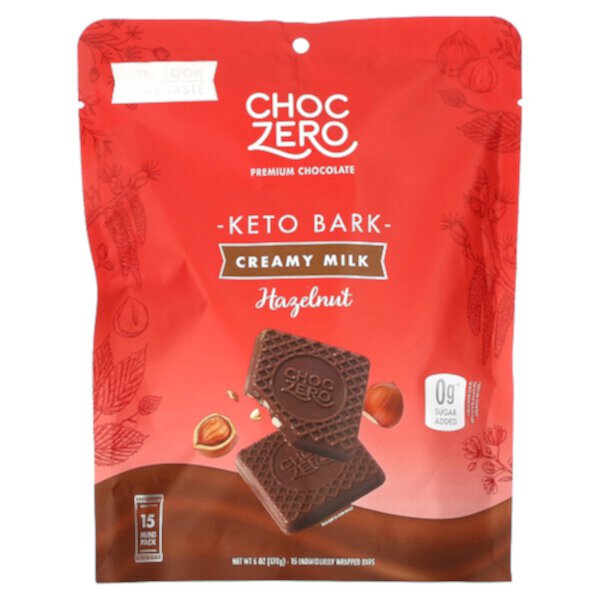 Keto Bark, Молочный шоколад, фундук, без добавления сахара, 6 батончиков по 1 унции каждый ChocZero