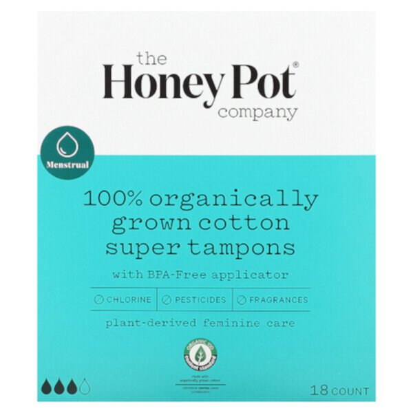 Тампоны из 100% органического хлопка, Super, 18 шт., без хлора и пестицидов The Honey Pot