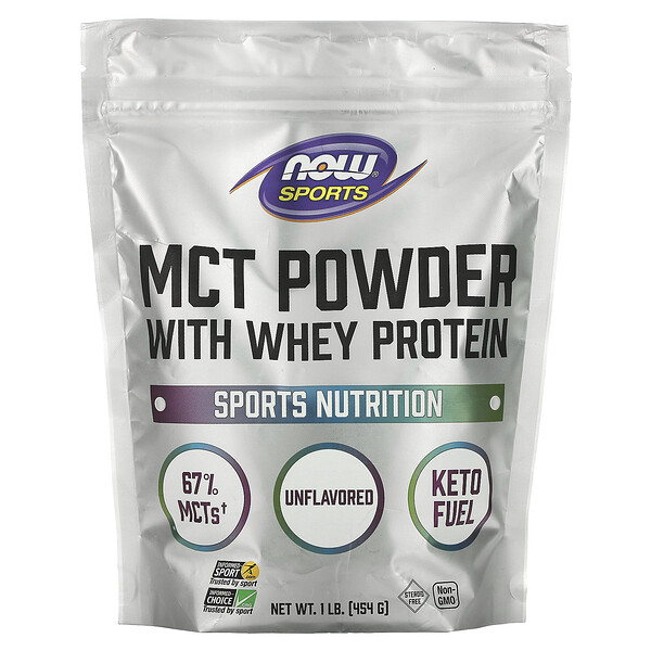 Sports, Порошок МСТ с сывороточным протеином, без вкуса, 1 фунт (454 г) NOW Foods