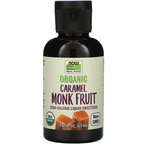 Real Food, Organic Monk Fruit, жидкий подсластитель с нулевой калорийностью, карамель, 1,8 ж. унц. (53 мл) NOW Foods