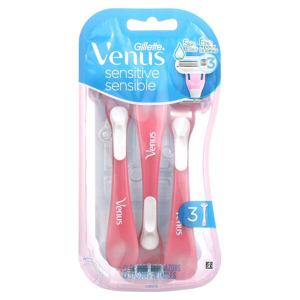 Venus, SkinElixir, для чувствительной кожи, 3 одноразовые бритвы Gillette