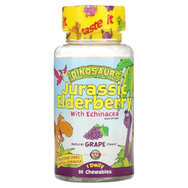 Dinosaurs, Юрская бузина с эхинацеей, натуральный виноград, 30 жевательных таблеток KAL