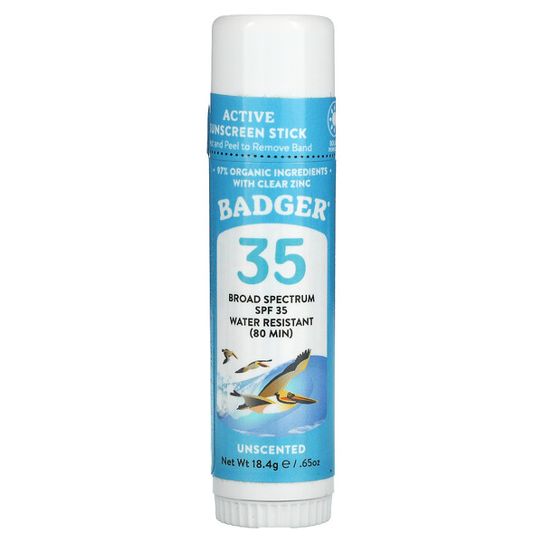 Active Sunscreen Stick, SPF 35, без запаха, 0,65 унции (18,4 г) Badger Basket