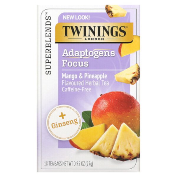Focus Herbal Tea, женьшень, манго и ананас, без кофеина, 18 чайных пакетиков, 0,95 унции (27 г) Twinings