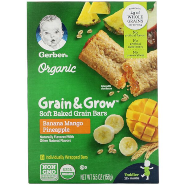 Organic, Grain & Grow, батончики из мягкого запеченного зерна, от 12 месяцев, банан, манго, ананас, 8 батончиков по 19 г каждый GERBER
