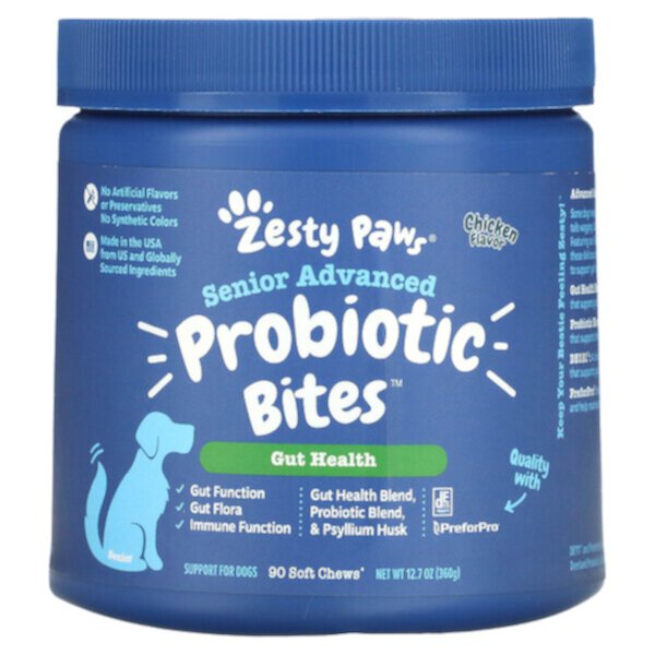 Advanced Probiotic Bites for Dogs, Digestion, Seniors, со вкусом курицы, 90 мягких жевательных таблеток, 12,7 унций (360 г) Zesty Paws
