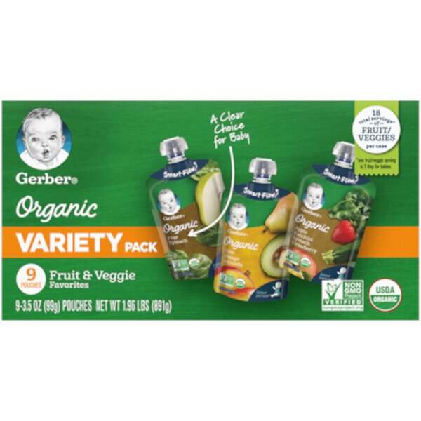 Organic Variety Pack, Грушевый шпинат, груша, манго, авокадо, яблоко, цуккини, шпинат, клубника, 9 пакетиков по 3,5 унции (99 г) каждый GERBER