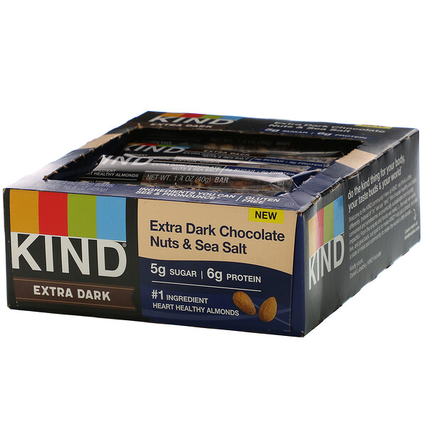 Extra Dark Chocolate, Nuts & Sea Salt, 12 плиток по 1,4 унции (40 г) каждая KIND Bars