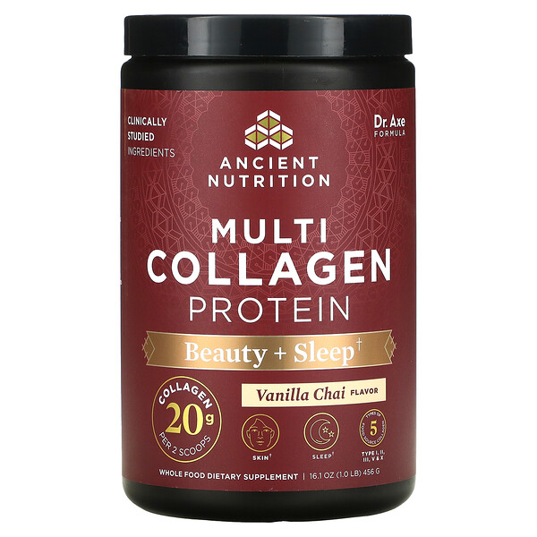Multi Collagen Protein, Beauty + Sleep, ванильный чай, 16,1 унции (456 г) Dr. Axe / Ancient Nutrition