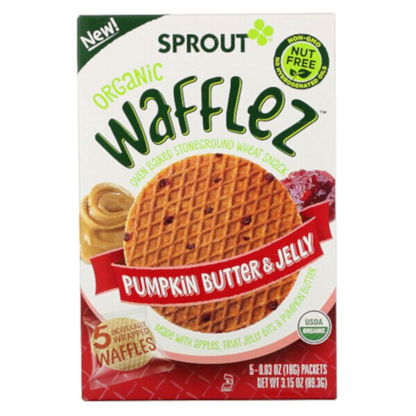 Wafflez, Тыквенное масло и желе, 5 пакетиков, 0,63 унции (18 г) Sprout Organic