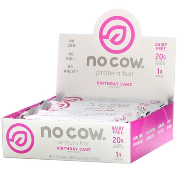 Протеиновый батончик, торт ко дню рождения, 12 батончиков, 2,12 унции (60 г) каждый No Cow