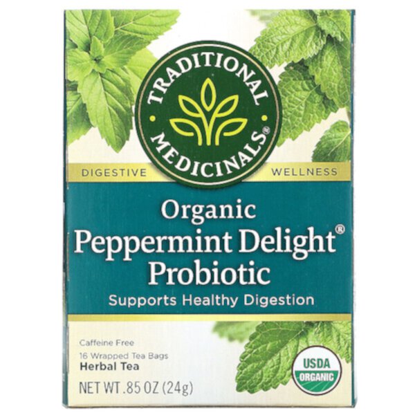 Органический пробиотик Peppermint Delight, без кофеина, 16 чайных пакетиков в упаковке, 0,85 унции (24 г) Traditional Medicinals