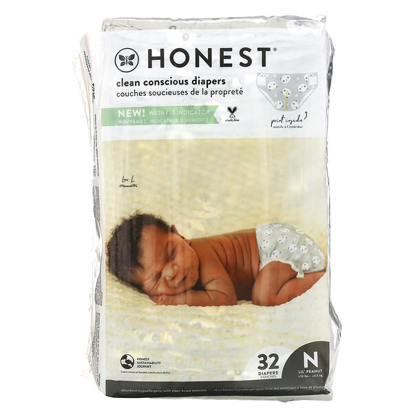 Подгузники Honest, Super-Soft Liner, Newborn, до 10 фунтов, Pandas, 32 подгузника The Honest Company