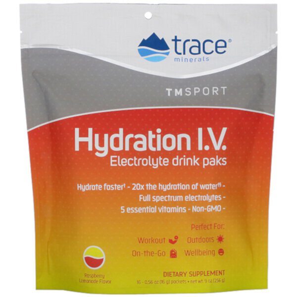 Hydration I.V., Electrolyte Drink Packs, со вкусом малинового лимонада, 16 пакетиков по 0,56 унции (16 г) каждый Trace Minerals ®
