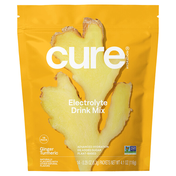 Hydrating Electrolyte Mix, Ginger Turmeric, 14 Packets (Пакеты ), 0.29 oz (Унции) (8.3 g) Each Cure Hydration