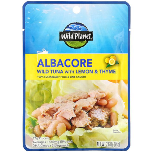 Дикий тунец Albacore с лимоном и тимьяном, 2,6 унции (74 г) Wild Planet