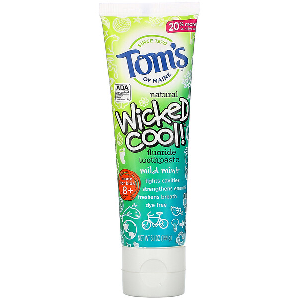 Wicked Cool!, Зубная паста с натуральным фтором, для детей от 8 лет, дикая мята, 5,1 унции (144 г) Tom's of Maine